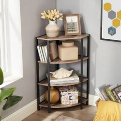 4 Tier Corner Bookshelf, Wooden Display Open Shelves with Metal Frame, Freestanding Small Plant Stand for Living Room, Home Office, Brown