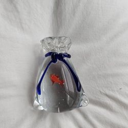 Glass Paperweight Goldfish In A Bag