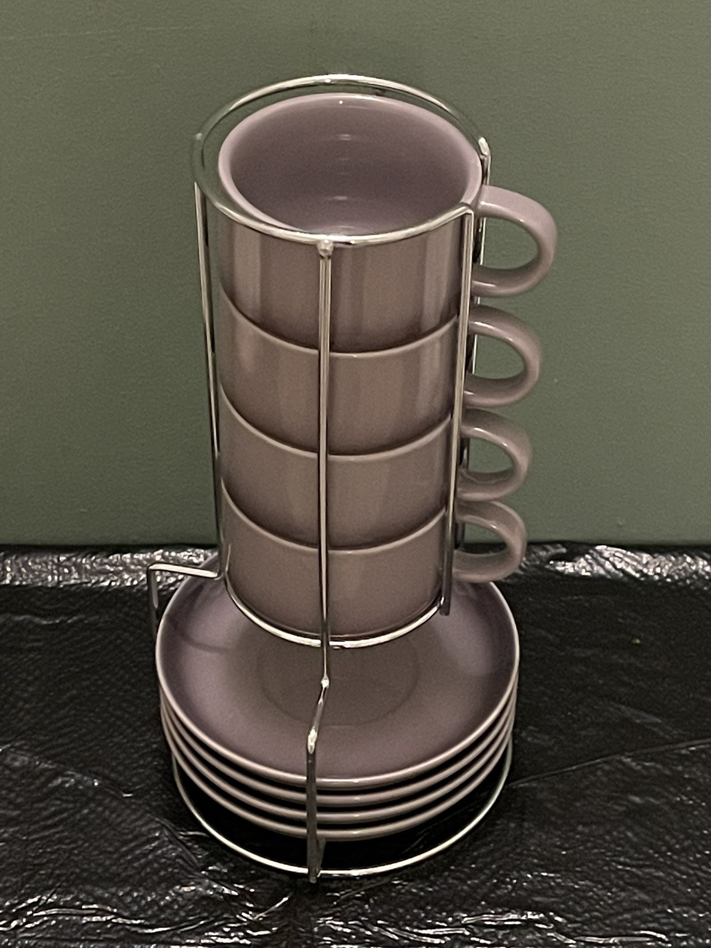 NEW!! 'SWEEJAR' LEAD-FREE 2.5oz. Porcelain Espresso CUPS w/SAUCERS & RACK - posted price is firm.