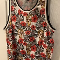 Men’s Tiger & Tropical Flowers & Leaves Tank Shirt, Size XL, Has Breathable Material