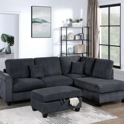 ✅️✅️3 pc black corduroy fabric sectional sofa with USB plugs rounded arms with chaise and storage ottoman✅️✅️