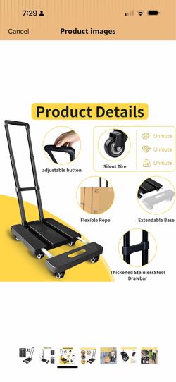 Folding Hand Truck 600lbs,XIBGH Portable Heavy Duty Luggage Cart,6 Wheels Dolly Cart with 2 Elastic Ropes,Compact Trolley Cart for Easy Moving with Ex