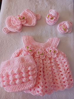 Crochet Baby Girl Pink Rosebud Headband Heirloom Dress Set Photo Prop Shipping Available
