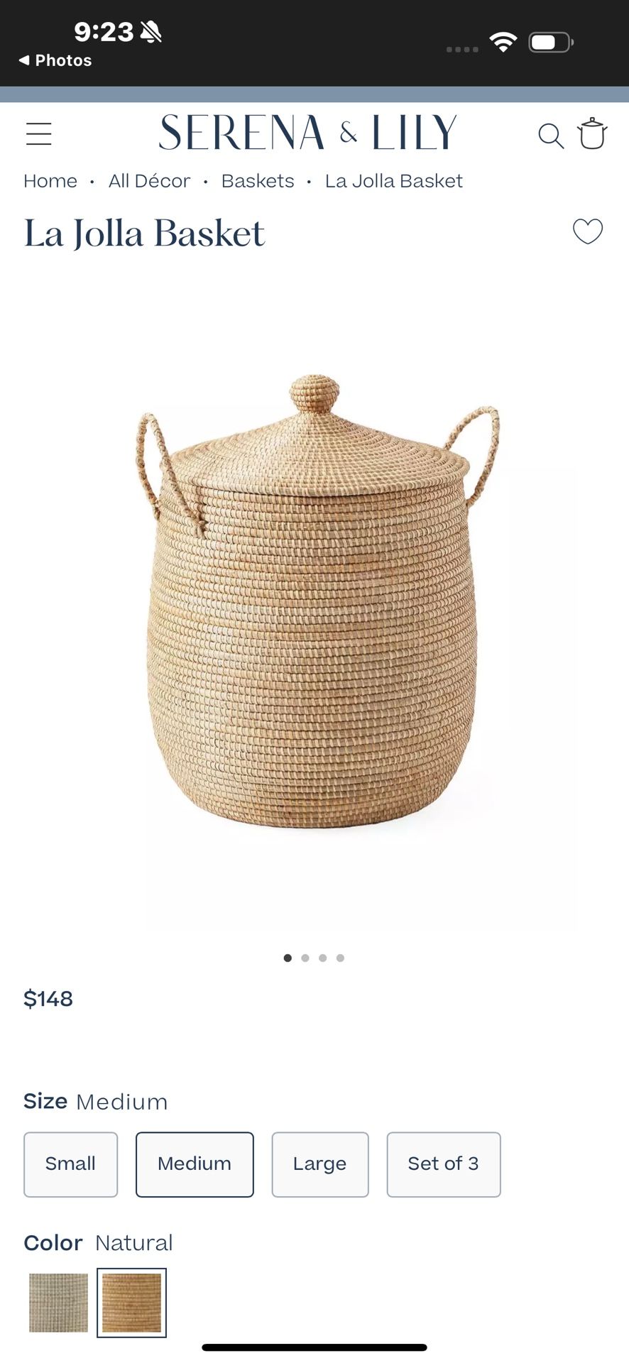 Serena & Lily La Jolla Basket Very Gently Used, 18” DIAM Lid,