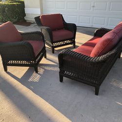 Patio Furniture Set, 3 Pieces, Love Seat + 2 Comfort Chairs, Rattan. Excellent Condition! Stored Inside, Very Little Use, Sturdy & Strong. 