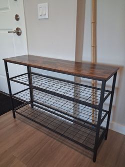 Industrial Shoe Rack -- Rustic Wood Top + Wire Shelves