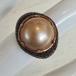 Bronzé Milor Italy Domed Pearl & Black Pavé Ring 