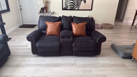Dark Brown Leather Reclining Loveseat with Console