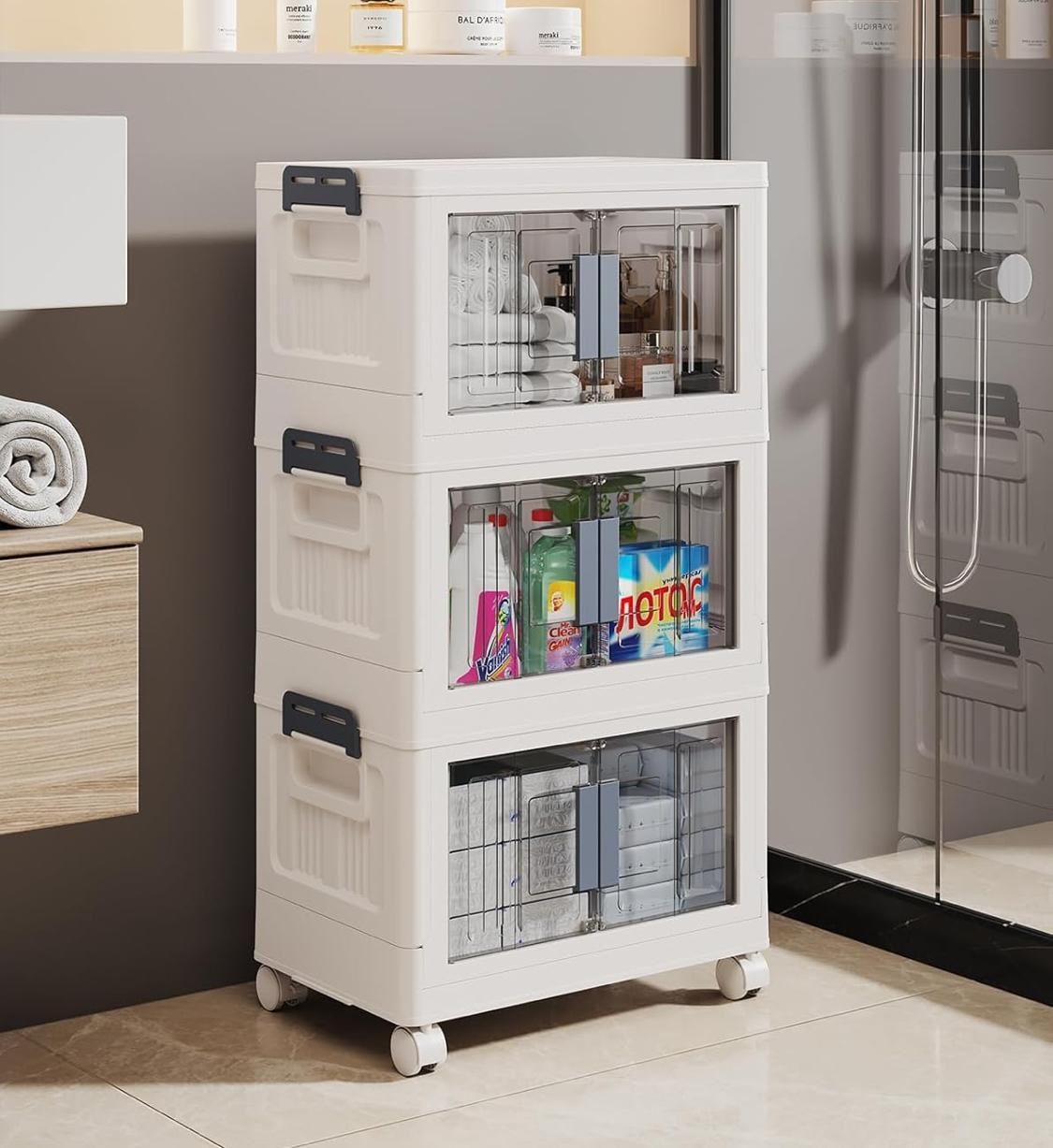 OlarHike 23QT Storage Boxes - Folding Storage box with Doors and Wheels, Collapsible Plastic Storage Bins for Closets, Stackable Storage Organizer, St