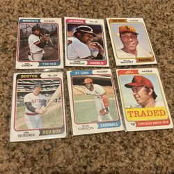 6 Hall Of Fame 1974 Topps Baseball Cards Yaz, Carew, McCovey, Gibson, Santo, Frank Robinson 