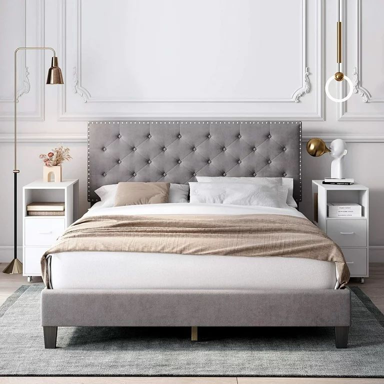 Queen Bed Frame with Headboard Modern Upholstered Platform Bed Frame