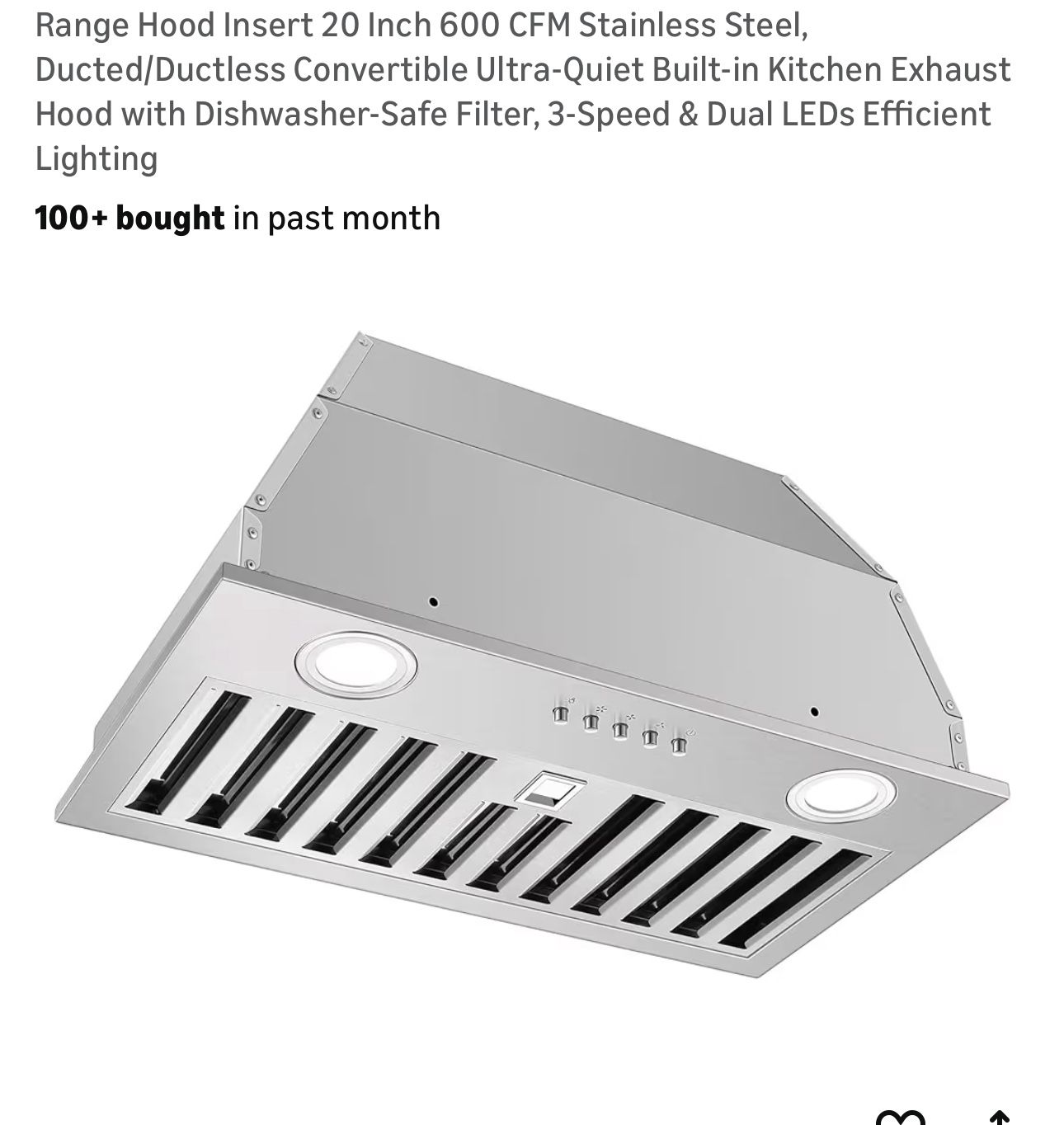 Range Hood Insert 20 Inch 600 CFM Stainless Steel, Ducted/Ductless Convertible Ultra-Quiet Built-in Kitchen Exhaust Hood with Dishwasher-Safe Filter,