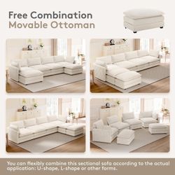 Sectional Cloud Couch with 2 Ottomans, Oversized 4 Seat Sleeper Sofa with 2 Throw Pillows, Convertible Upholstered U Shaped Cozy Sofa Furniture Set fo