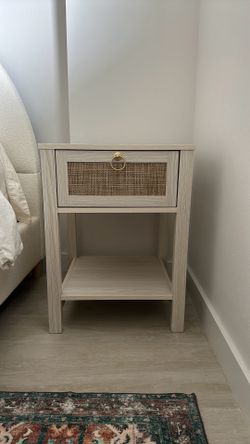 Set of Two Rattan Nightstand Bedside Table Light Wood Oak color with Rattan Drawer