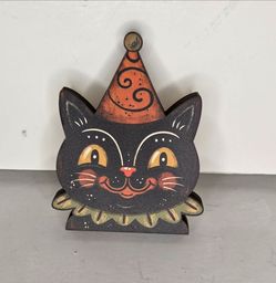 Vintage Style Halloween Black Cat Wood Tabletop Decor Party Hat Figurine