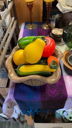 Ceramic Bowl with Glass Vegetable Figurines