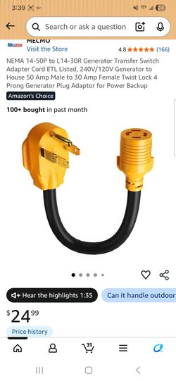 NEMA 14-50P to L14-30R Generator Transfer Switch Adapter Cord ETL Listed, 240V/120V Generator to House 50 Amp Male to 30 Amp Female Twist Lock 4 Prong