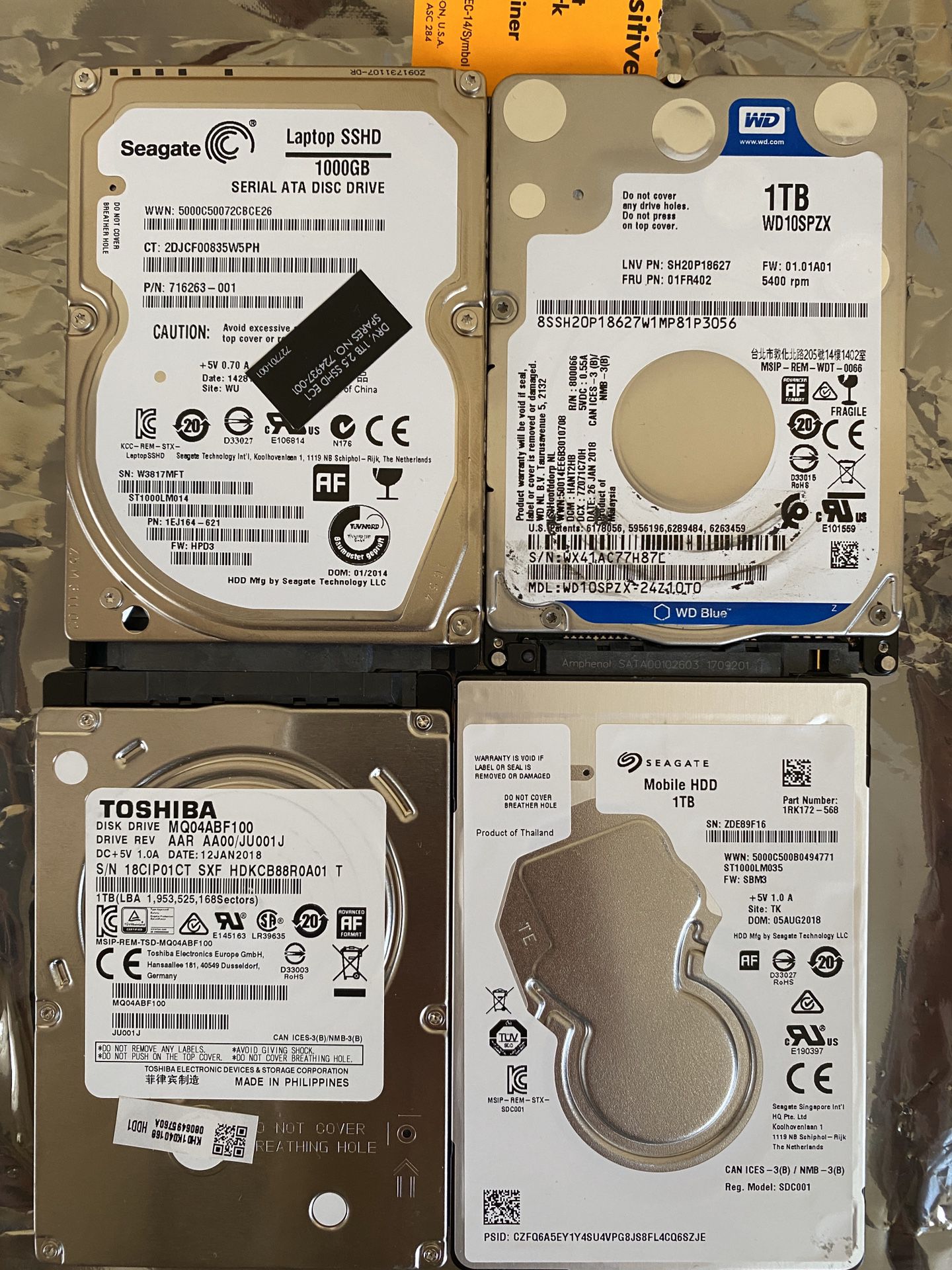 Laptop 2.5" 1TB hard drives HDDs Toshiba Seagate WD HGST