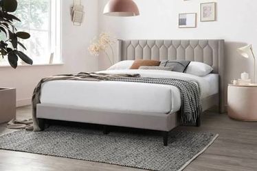 Full Beige Euro Platform Bed With Ortho Mattress Included
