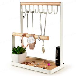Jewelry Stand Holder, 3-Tier Necklace Hanging Wooden Ring Organizer Earring Tray, 8 Hooks Storage Necklaces, Bracelets, Rings and Watches on Desk Tabl