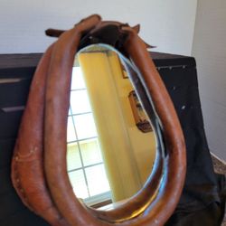 Vintage Rustic 11" Brown Hand Sewn Leather Horse Collar Yoke Mirror Mexico