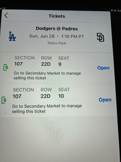 2 PADRES/ DODGERS TICKETS, SUNDAY, 6/28, SEC 107, ROW 22D