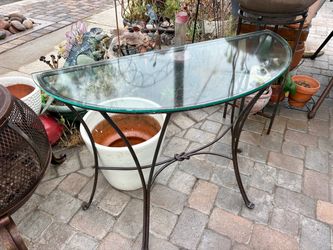Wrought Iron Glass Top Demilune Console Table