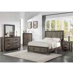 5 Piece Set Brown Foundation Needed Brand New In Box Queen Bed Frame Dresser Nightstand Mirror & Chest Firm Price $860