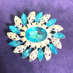 Large Aqua Rhinestone brooch