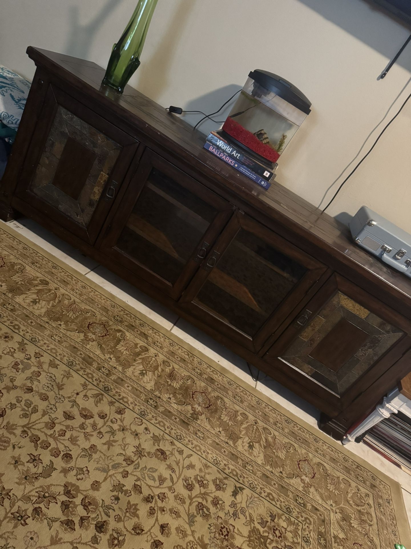 Beautiful dark wood and stone console table! Excellent condition!