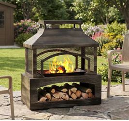 37" Fire Pit with Wood Storage for Outside, Large Wood Burning Outdoor Fireplace with Chimney, Mesh Spark Screen & Fire Poker, Idea for Backyard, Pat