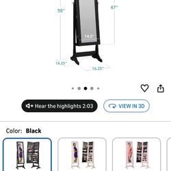 Freestanding Jewelry Armoire Cabinet, Full Length Standing Mirror, Lockable Makeup Storage Organizer, w/Velvet Lining, 3 Angles, Lock, Accessory Pouch