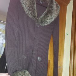 Womens Fur Plum Button Down Tie Waist Jacket