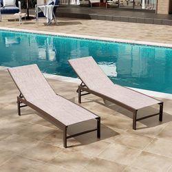 2254c $140 Lounge Chair Outdoor Set of 2, Metal Pool Chaise Lounge Chairs, Adjustable Five-Position Tanning Recliner, All Weather for Patio, Beach, Ya