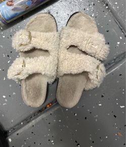 Cream Sherpa Buckle Strap Slide Slippers