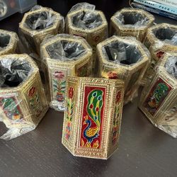 Brand New Set Of 10 Pen, Pencil, Markers Holder With Colorful Peacock Design In Tones Of Gold, Red, Green And Blue Designs