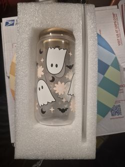 Halloween Glass Cup Woth Wooden Lid And Glass Straw And Straw Cleaner Tool