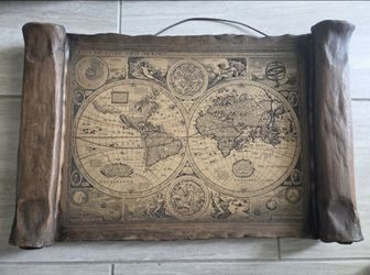 World Map Etched Wood Scroll Wall Art 22.5 X 14.5
