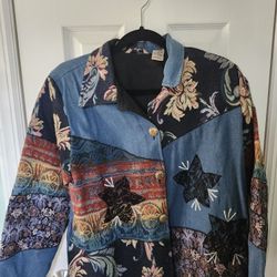 ​Vtg 90s Quizz Again Tapestry Denim Patchwork Jacket Floral Boho Cottagecore