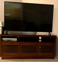 Wood TV Stand with Glass Top and Cabinet and TV
