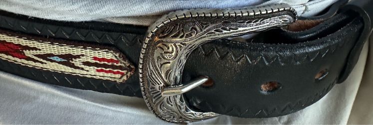 Vintage Handmade Leather Belt Southwestern Navajo Inlay Western Buckle Mexico 36 38