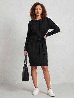Grace Karin Black Cable Knit Belted Sweater Dress