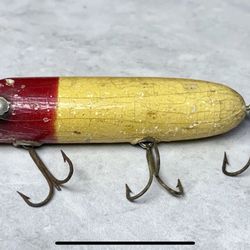 Vintage South Bend Bass-Oreno Wooden Lure 4” Red Head White Body Metal Eyes