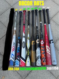Baseball Bats BBCOR certified sizes and prices are labeled in the pictures. Have more equipment available