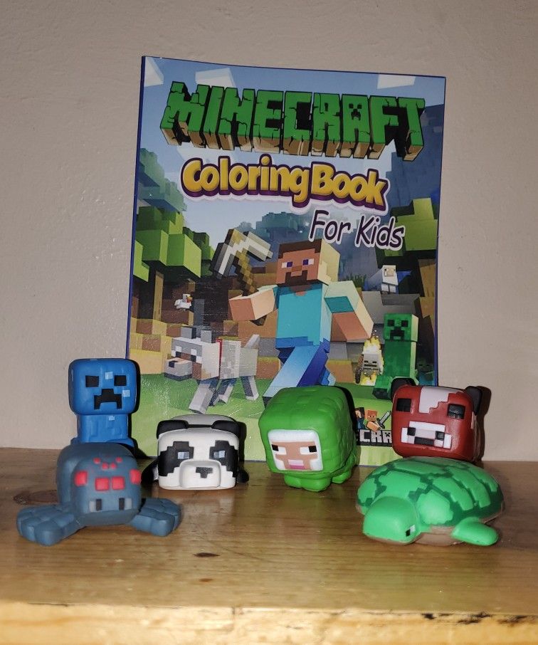 Minecraft SquishMe Lot And New Coloring Book! All Excellent Condition!