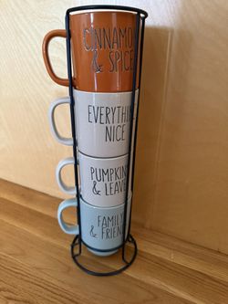 Set of 4 ceramic mugs with metal stand #kitchendecor  Dishwasher safe