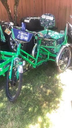 Electric tri-bike, custom made by SeaHawks fan, comes with custom wagon.