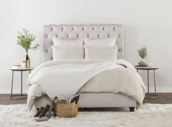King Size Upholstered Bed Frame — Tufted Beige Linen, Nailhead Trim