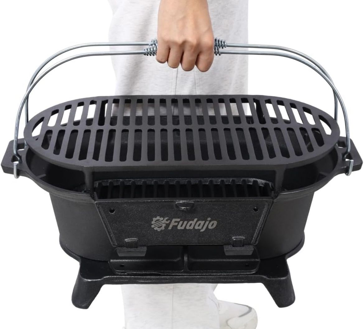 New Cast Iron Hibachi Grill – Portable Charcoal BBQ for Outdoor Cooking, Durable Tabletop Skillet