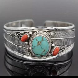 Boho .925 Sterling Silver Turquoise Tibetan Tibet Bracelet Bangle Cuff